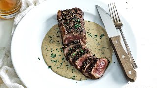 Steak Au Poivre Recipe  Peppered Steak with Cognac Cream Sauce [upl. by Alahs]