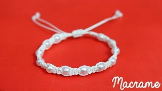 Como hacer una Pulsera de hilo simple con perlas✧ NUDO PLANO Macrame [upl. by Eanore175]