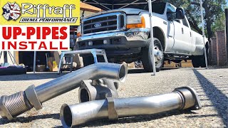 2001 F350 73  RiffRaff UpPipes Install  Stock up pipes leaking and falling apart JUNK SP [upl. by Atnad164]